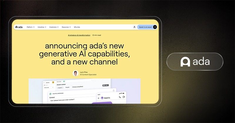 Ada website page showing generative AI chatbot features for customer support automation