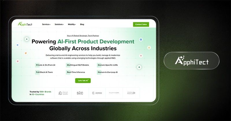 Apphitect website homepage showing AI chatbot solution with features like full stack AI, multilingual models, and real time inference