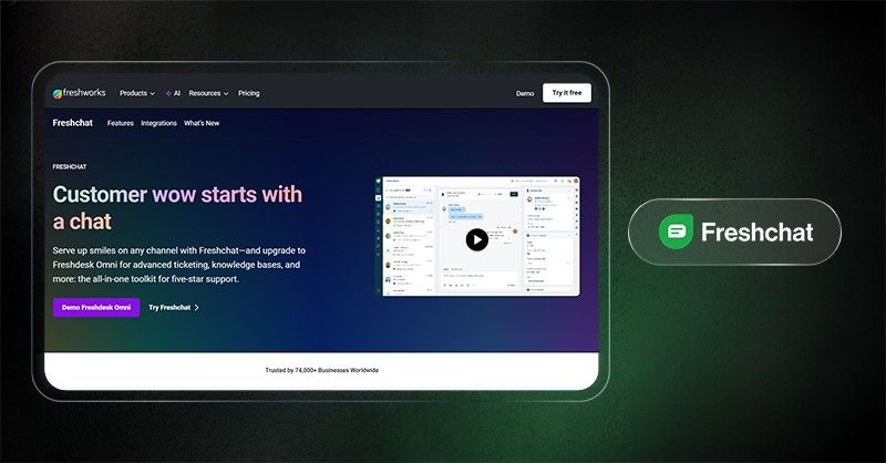 Freshchat homepage showing omnichannel customer messaging and AI chatbot for support and engagement