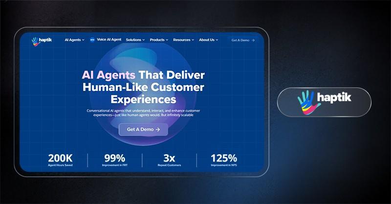 Haptik homepage showing AI chatbot platform with voice and chat automation for customer experience