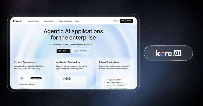 Kore.ai homepage showing enterprise AI chatbot platform with agentic AI applications and automation features