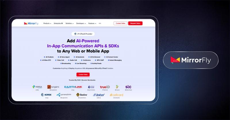 MirrorFly homepage showing AI chatbot and in app communication APIs for web and mobile apps