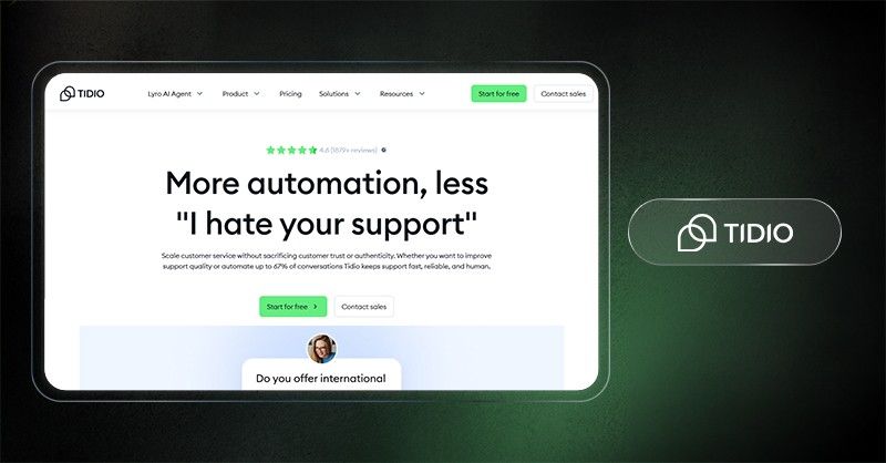 Tidio homepage showing AI chatbot and live chat features for customer support automation