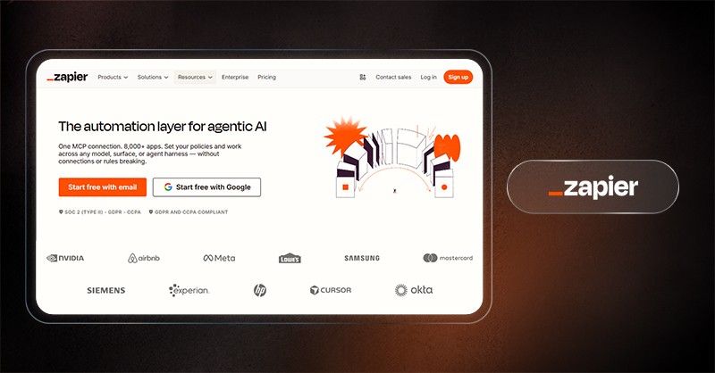 Zapier homepage showing no code AI automation platform with workflow integrations and app connections