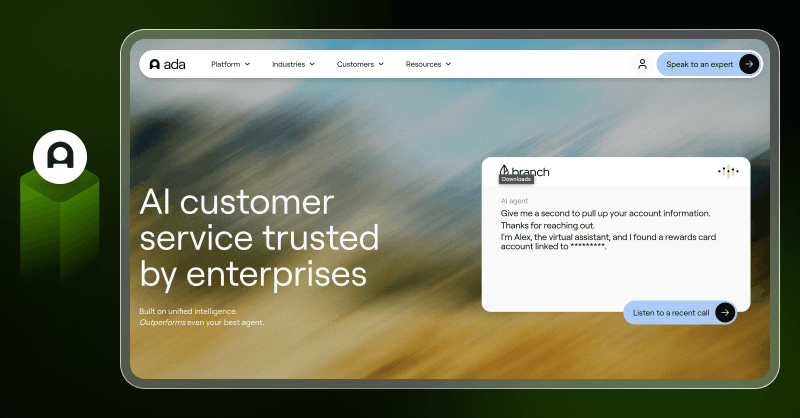 Ada AI chatbot platform interface for no-code customer support automation and personalized interactions