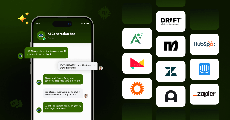 AI chatbot software interface on a mobile screen handling customer queries with integrations to CRM and automation tools