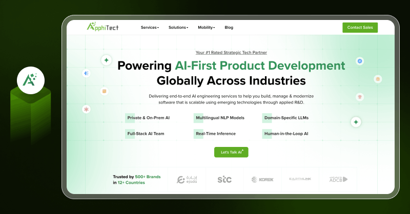 Apphitect AI chatbot software interface showcasing AI-first product development and enterprise chatbot features