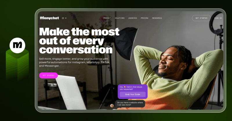 ManyChat AI chatbot interface for social media automation across Instagram, WhatsApp, and Messenger