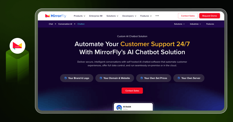 MirrorFly custom AI chatbot solution interface showing 24/7 customer support automation and enterprise chatbot features