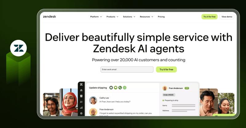 Zendesk AI chatbot interface showing automated customer support and omnichannel service features
